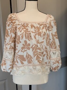 Christian Siriano Cream Blouse with Tan Floral Print